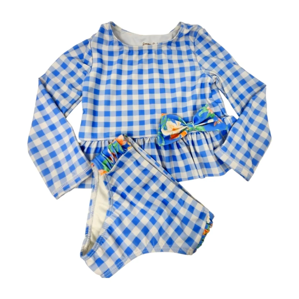 Tommy Bahama Swim Set Rash Guard Shirt 2T Blue Check Bow Long Sleeves